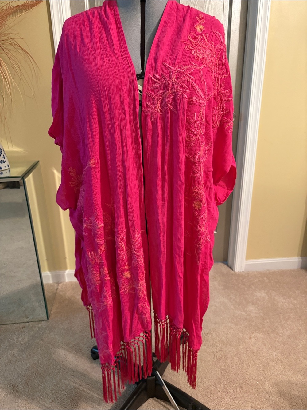 Chico's Hot Pink Embroidered Fringe Kimono Jacket (New, without tag)